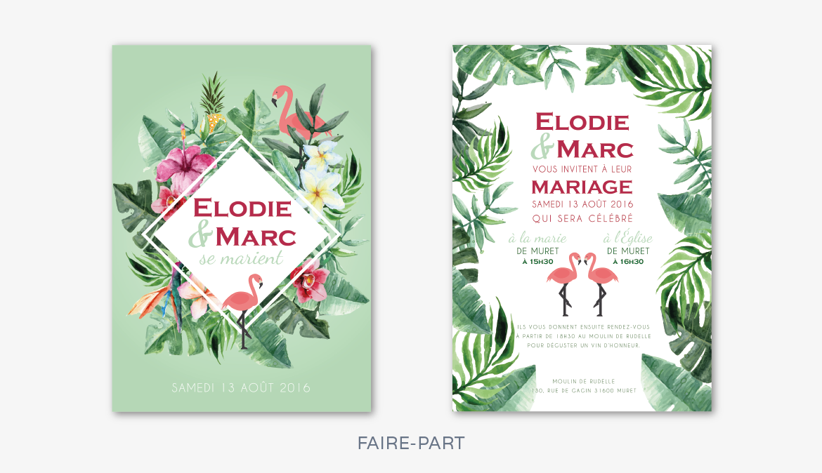 collection faire-part mariage tropical flamant rose ananas