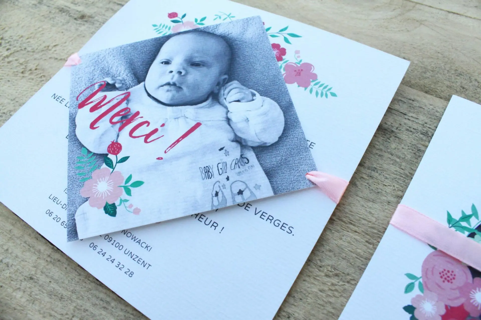 faire-part naissance fille fleur losange