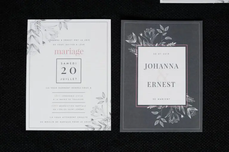 faire-part mariage BOTANIQUE minimalist fleurs noir blanc