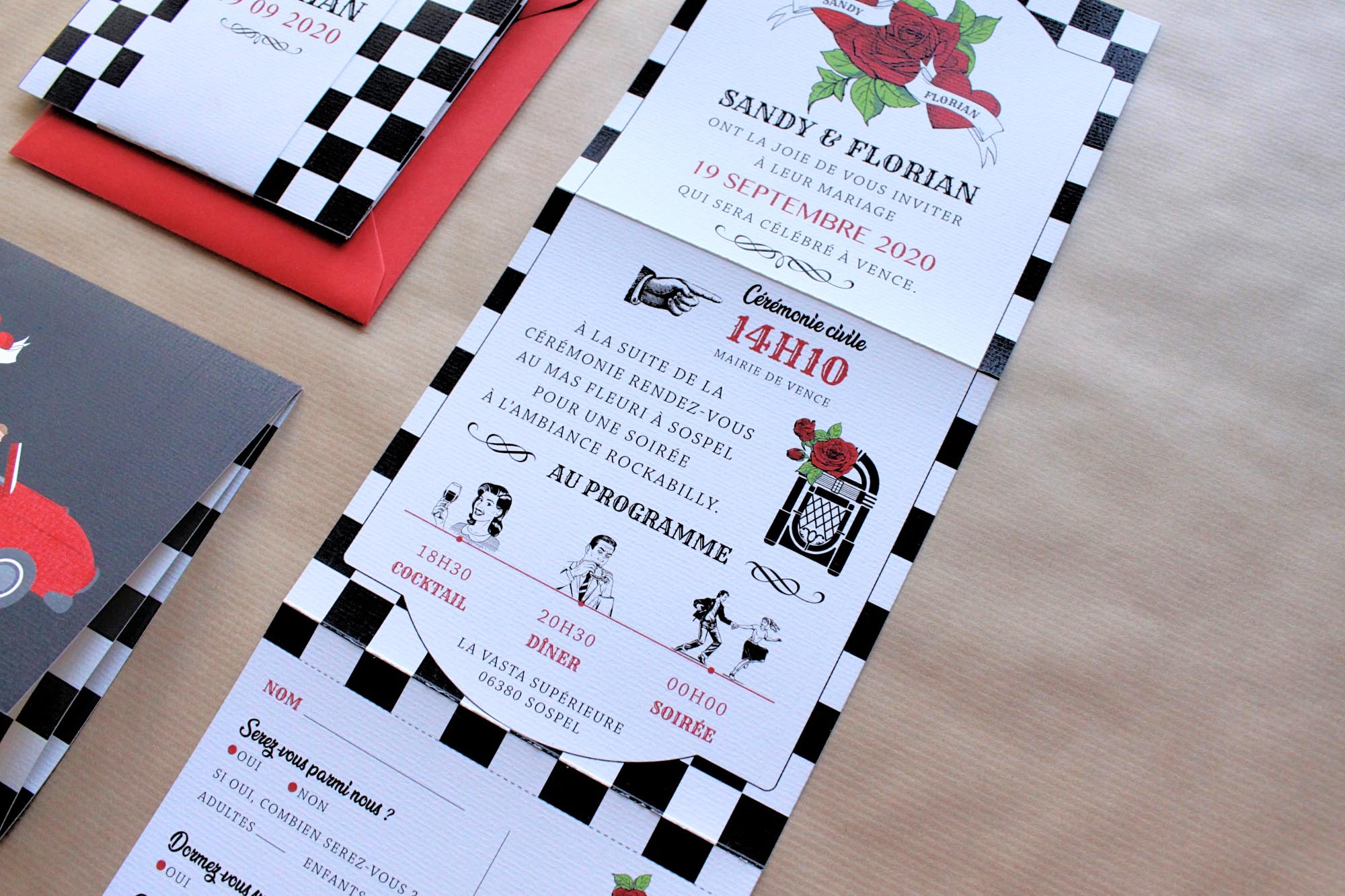 Faire-part mariage rockabilly rouge et noir