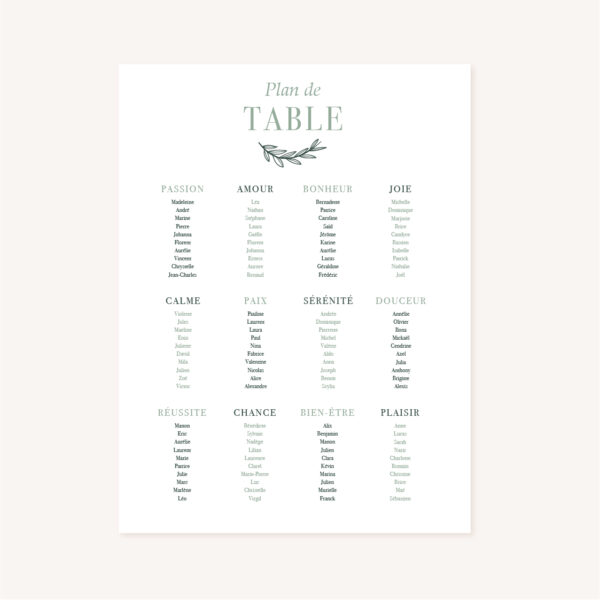 Plan de table vert minimaliste végétal nature faire-part mariage