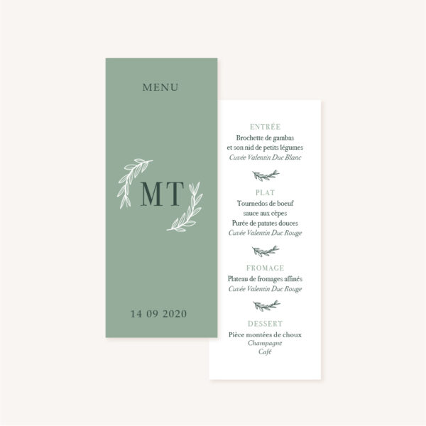 Menu vert minimaliste végétal nature faire-part mariage