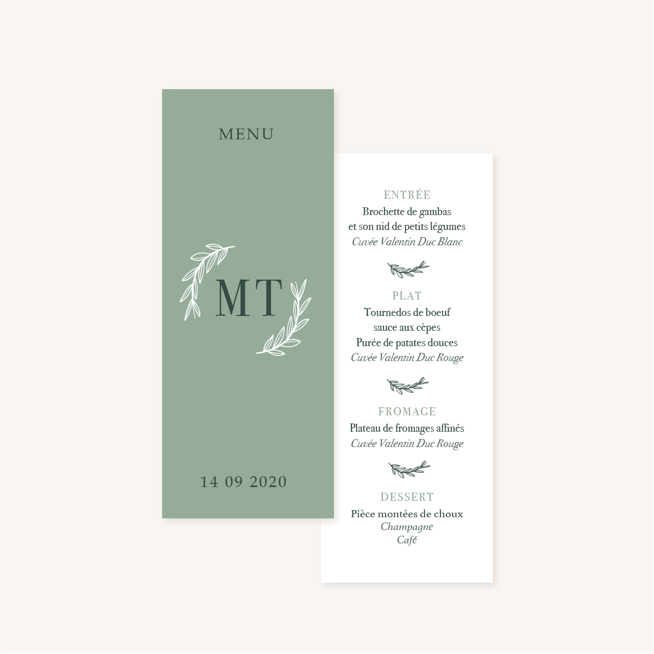 Menu vert minimaliste végétal nature faire-part mariage