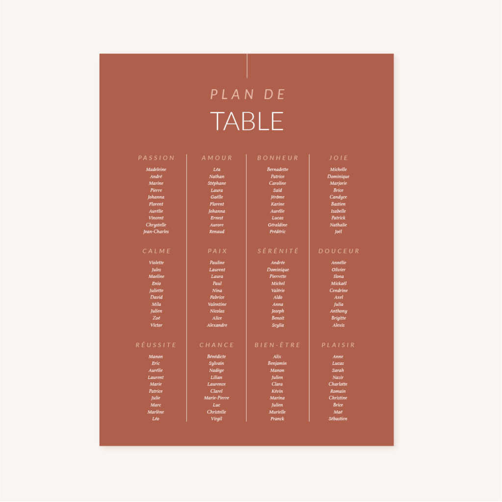 Panneau plan de tale mariage terracotta plexiglass