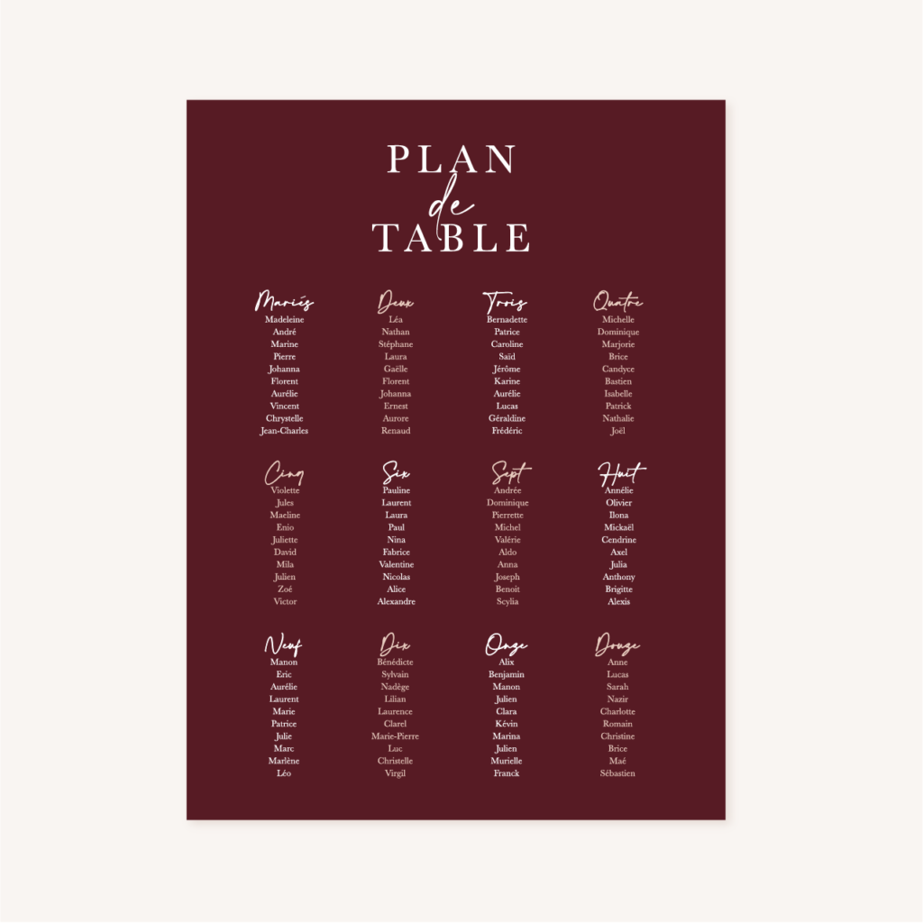 Panneau plan de table mariage élégant chic romantic neutral épuré bordeaux rose nude blanc