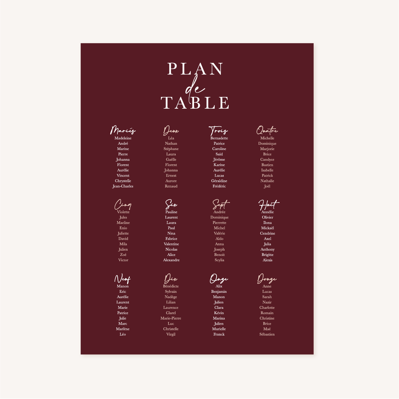 Panneau plan de table mariage élégant chic romantic neutral épuré bordeaux rose nude blanc