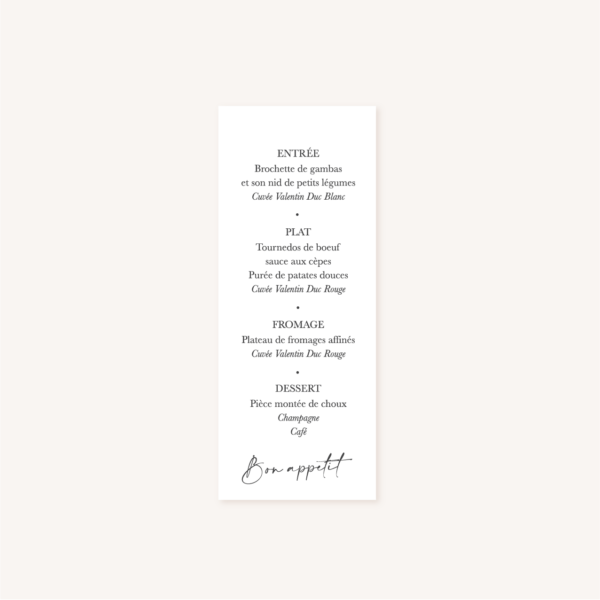 Menu individuel mariage élégant chic romantic neutral épuré bordeaux rose nude blanc