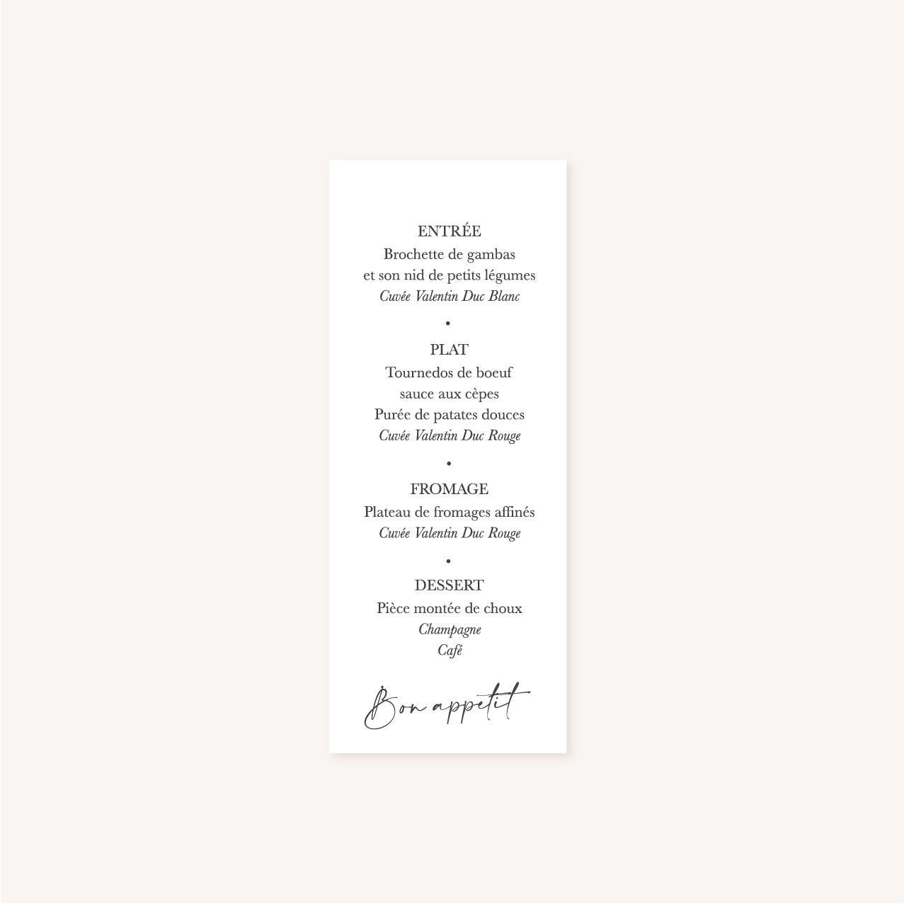 Menu individuel mariage élégant chic romantic neutral épuré bordeaux rose nude blanc