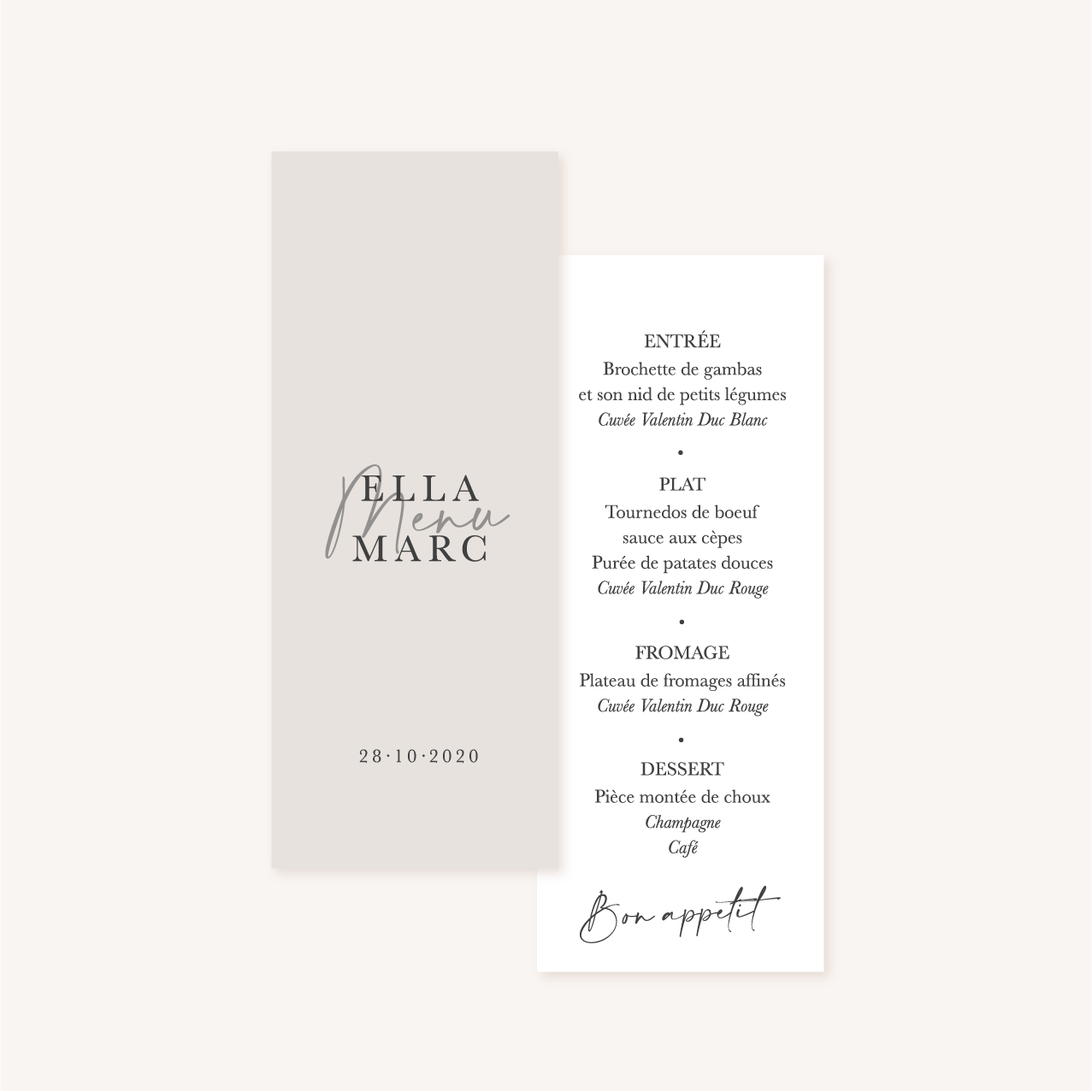 Menu individuel mariage élégant chic romantic neutral épuré bordeaux rose nude blanc