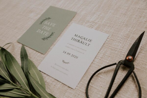 Save the date mariage Green Chic vert végétal épuré mariage végétal blanc