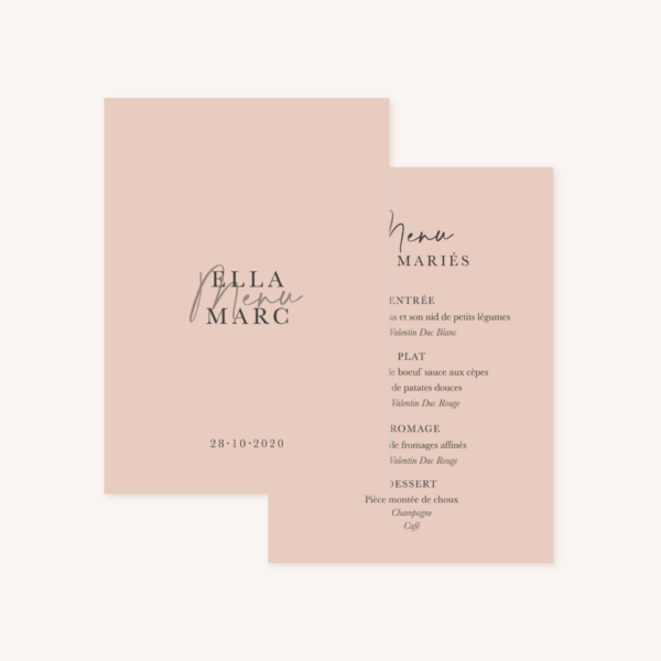 Menu mariage élégant chic romantic neutral épuré bordeaux rose nude blanc