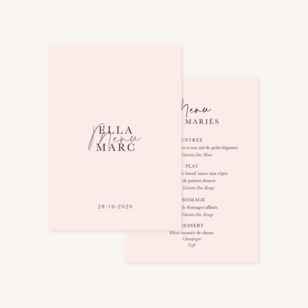 Menu mariage élégant chic romantic neutral épuré bordeaux rose nude blanc