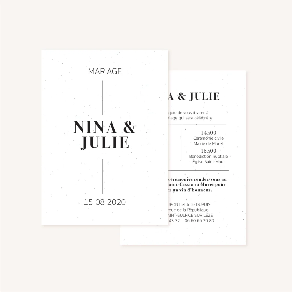 Faire-part mariage papeterie épuré noir blanc neutre unisexe élégant