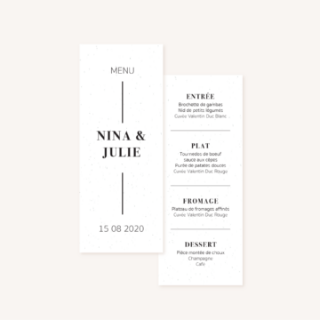 Menu individuel mariage faire-part papeterie épuré noir blanc neutre unisexe élégant