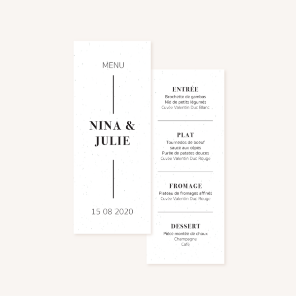 Menu individuel mariage faire-part papeterie épuré noir blanc neutre unisexe élégant