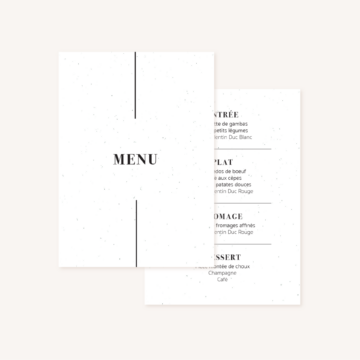 Menu mariage faire-part papeterie épuré noir blanc neutre unisexe élégant