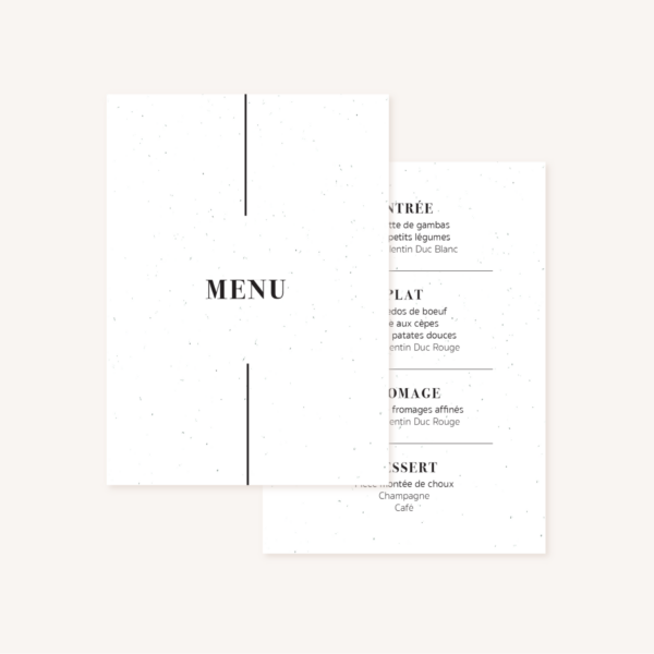 Menu mariage faire-part papeterie épuré noir blanc neutre unisexe élégant