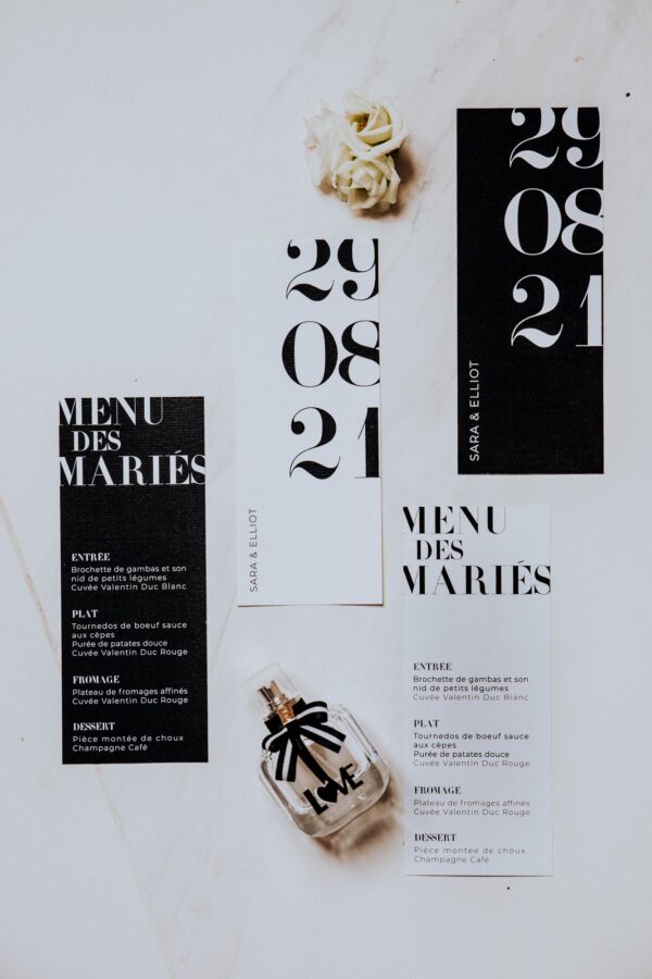 Menu individuel black and white noir et blanc moderne lettering innovant graphique