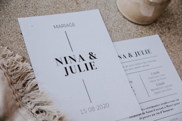 Faire-part mariage épuré blanc noir ligne graphique