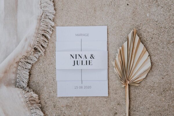 Faire-part mariage épuré blanc noir ligne graphique