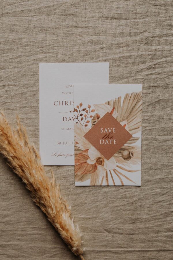 Save the date pampa bohème boho boho chic Fleurs séchées floral mariage ocre terracotta