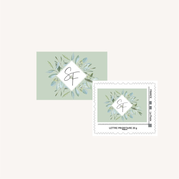 Timbre personnalisé mariage olivier nature blanc vert kraft