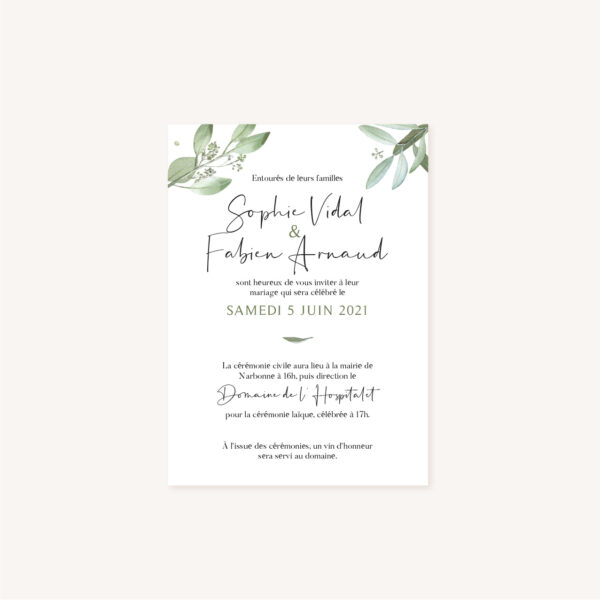 Faire-part mariage olivier nature blanc vert kraft