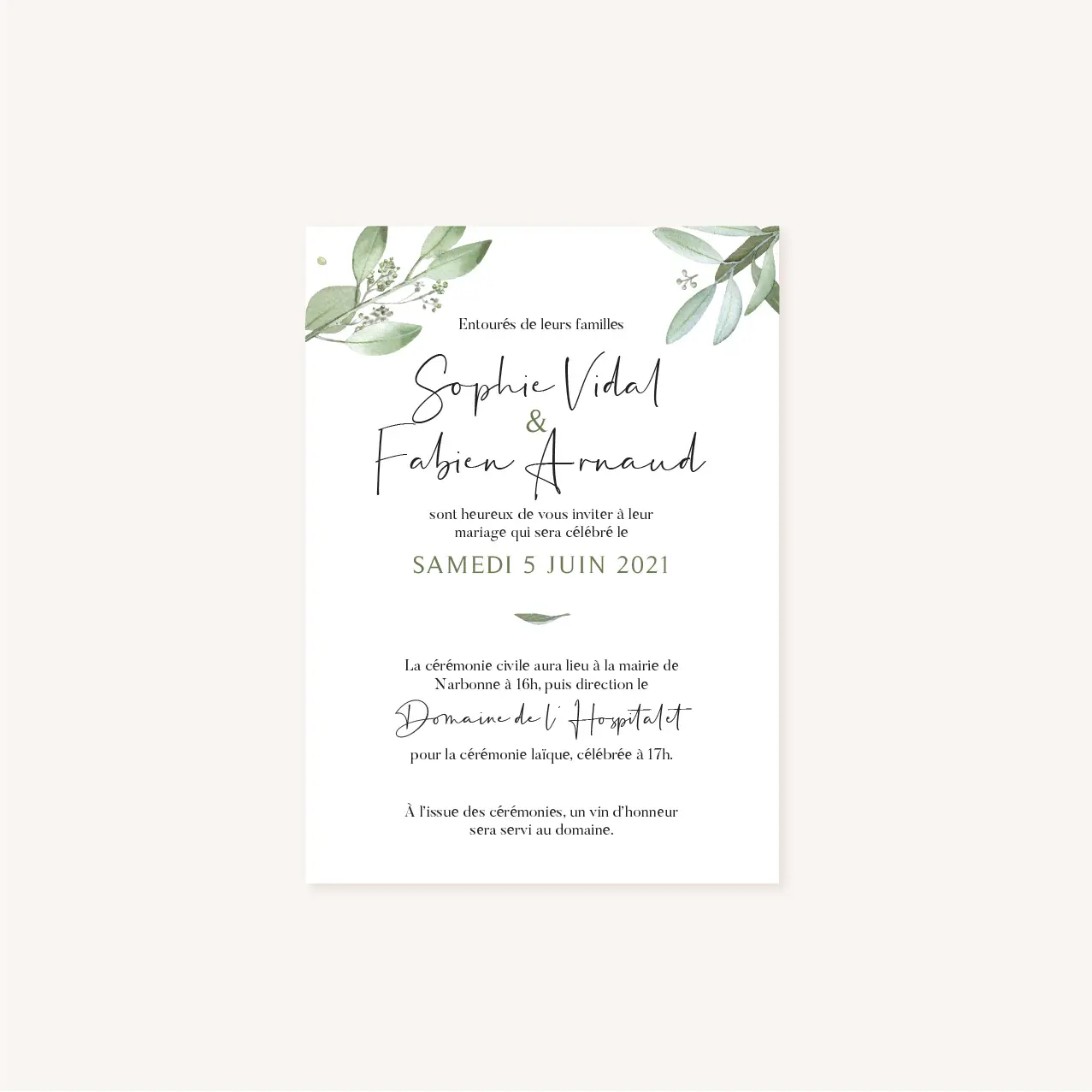 Faire-part mariage olivier nature blanc vert kraft