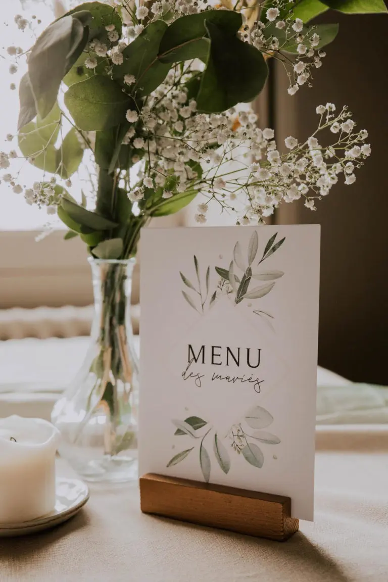 Menu mariage olivier nature blanc vert kraft champêtre