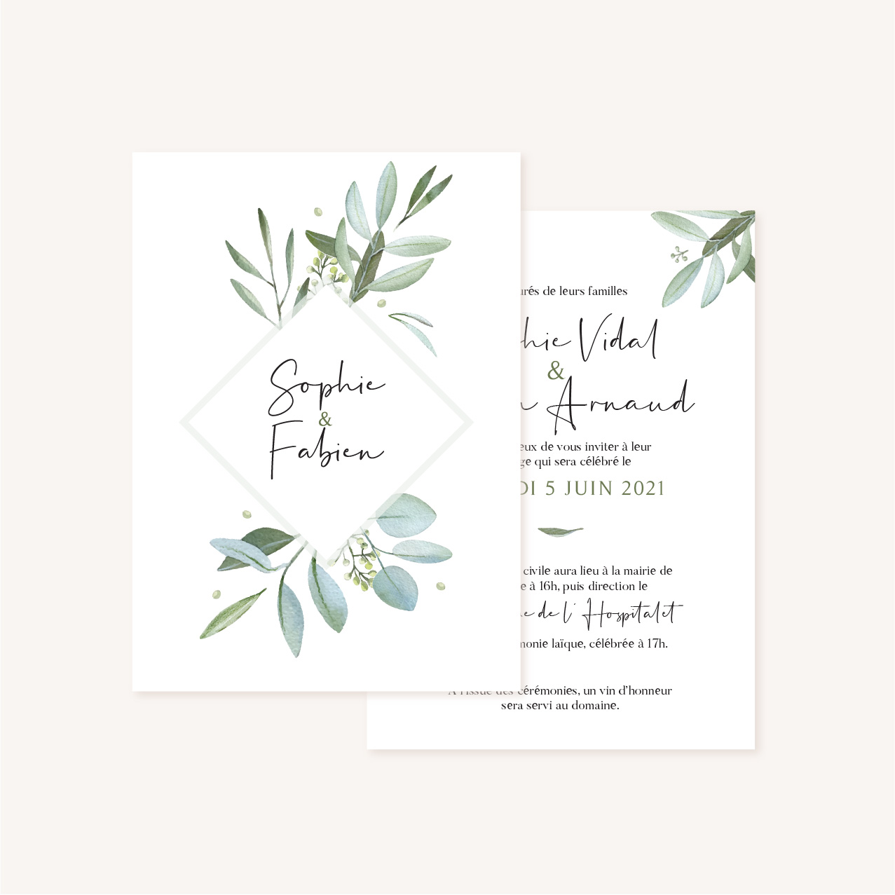 Faire-part mariage olivier nature blanc vert kraft