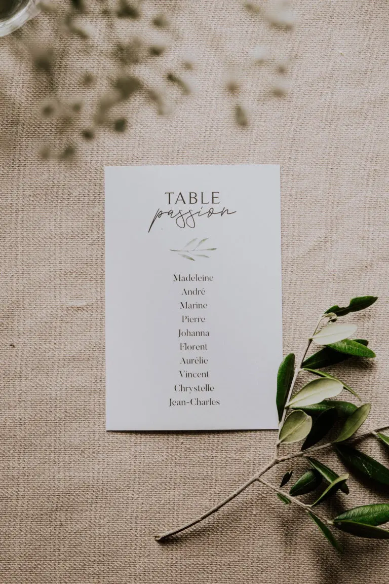 Plan de table mariage olivier nature blanc vert