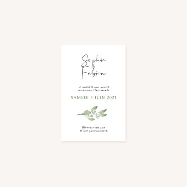 Save the date mariage olivier nature blanc vert kraft