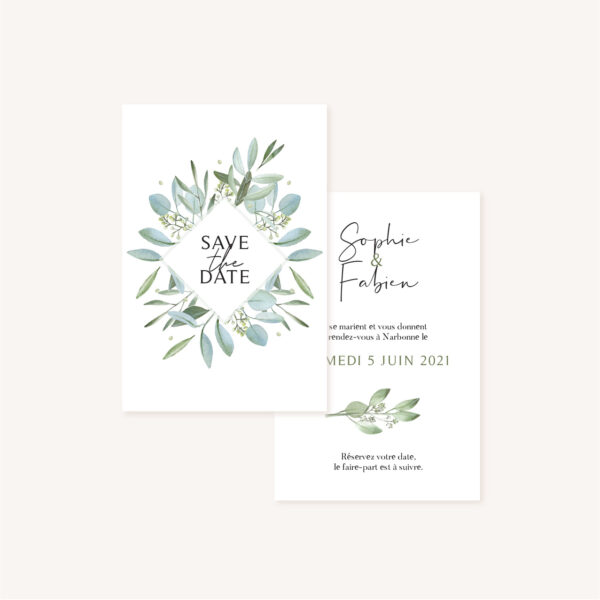 Save the date mariage olivier nature blanc vert kraft