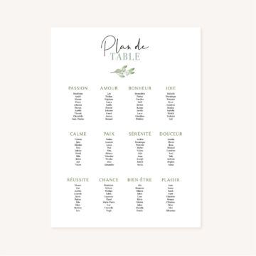 Plan de table mariage olivier nature blanc vert