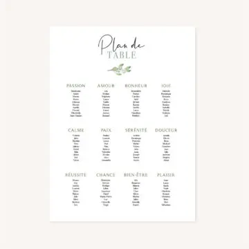 Plan de table mariage olivier nature blanc vert