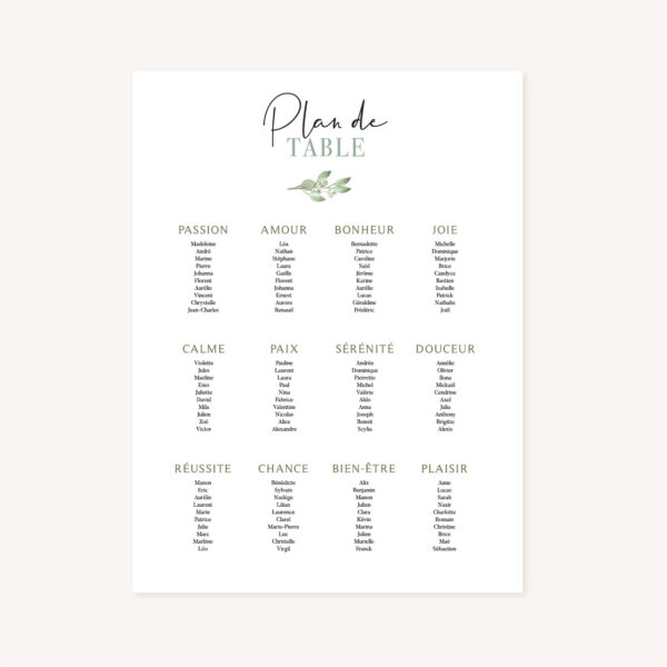 Plan de table mariage olivier nature blanc vert