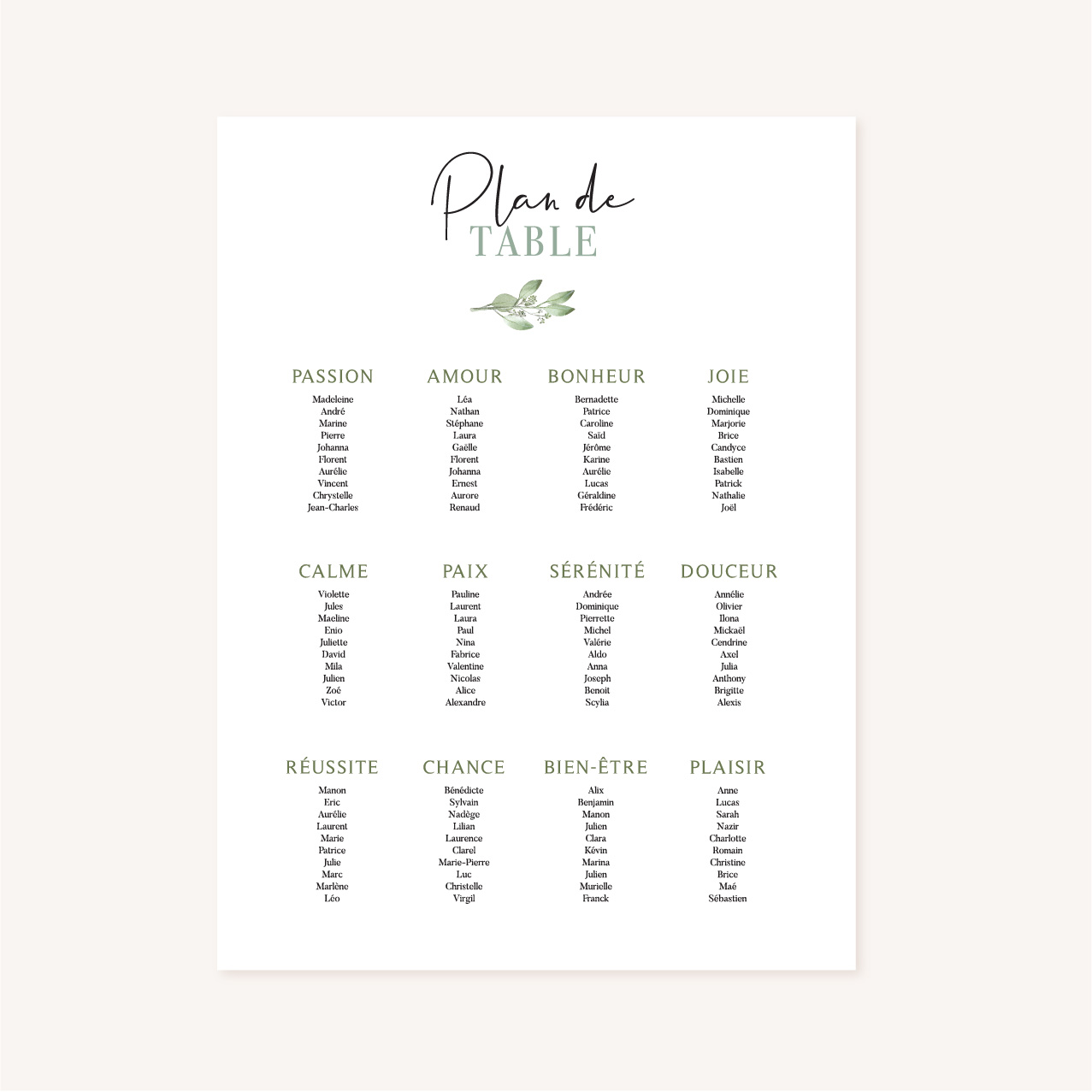 Plan de table mariage olivier nature blanc vert