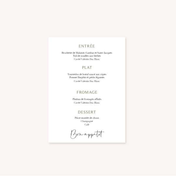 Menu mariage olivier nature blanc vert