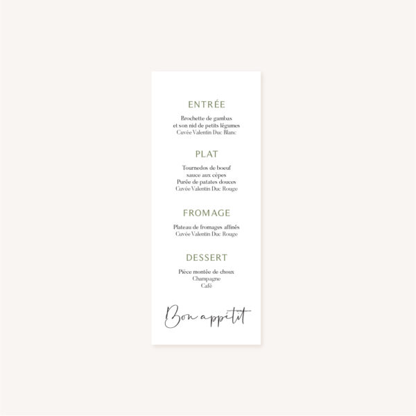 Menu individuel mariage olivier nature blanc vert