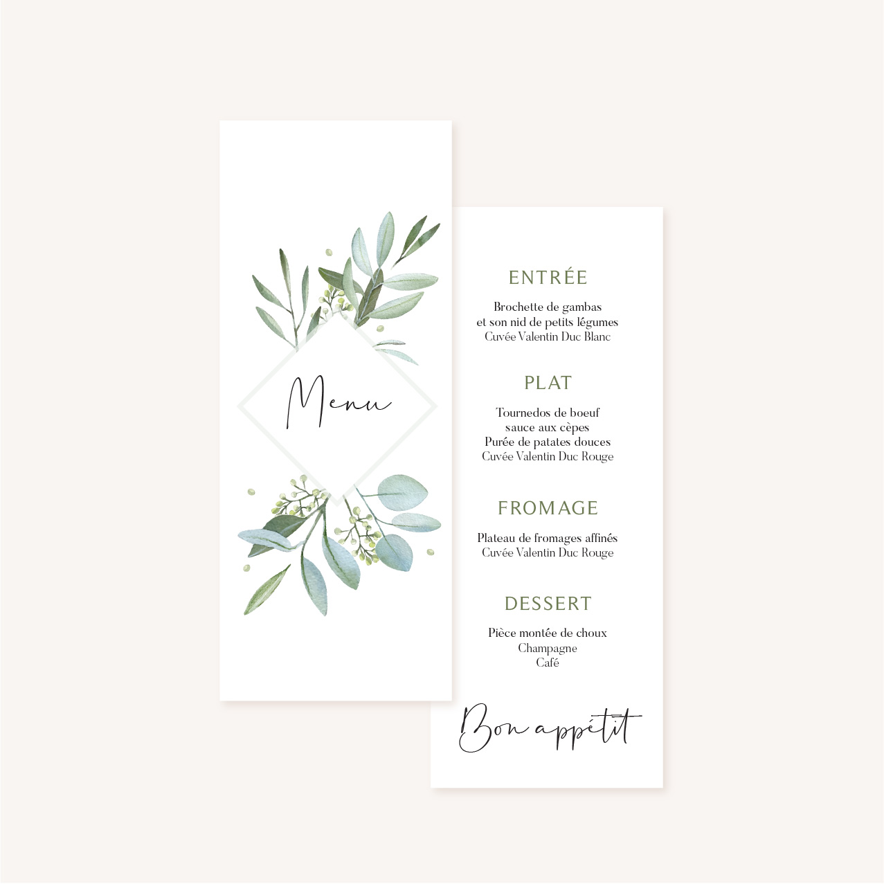 Menu individuel mariage olivier nature blanc vert