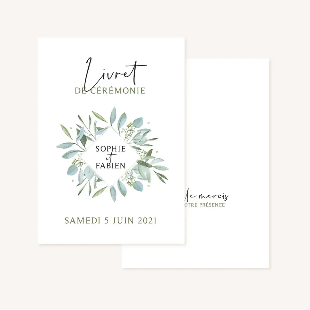 Livret de cérémonie mariage olivier nature blanc vert