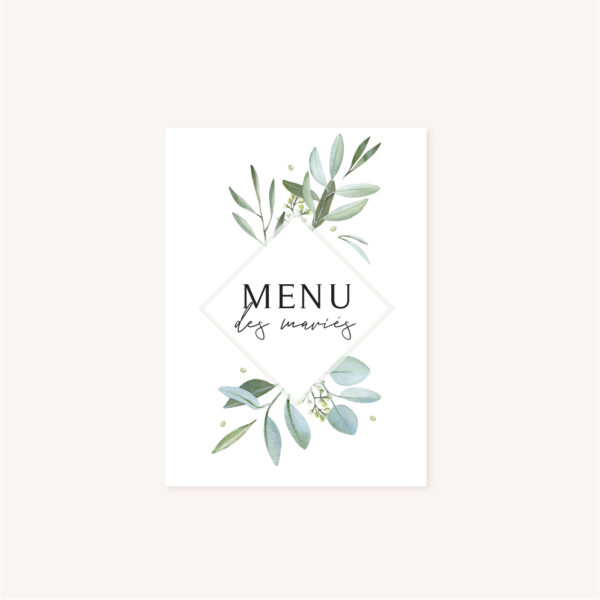 Menu mariage olivier nature blanc vert