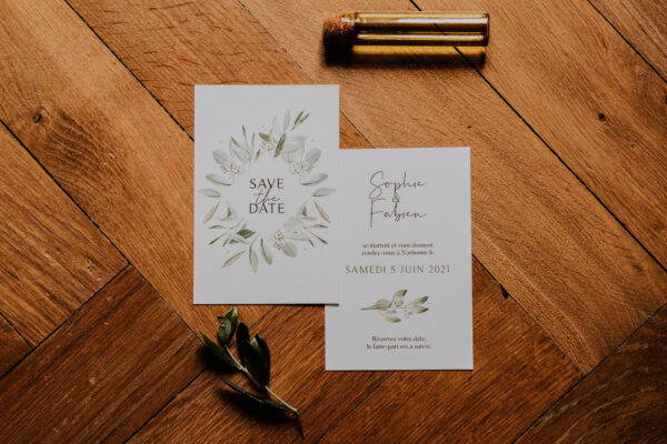 Save the date mariage olivier nature blanc vert kraft champêtre