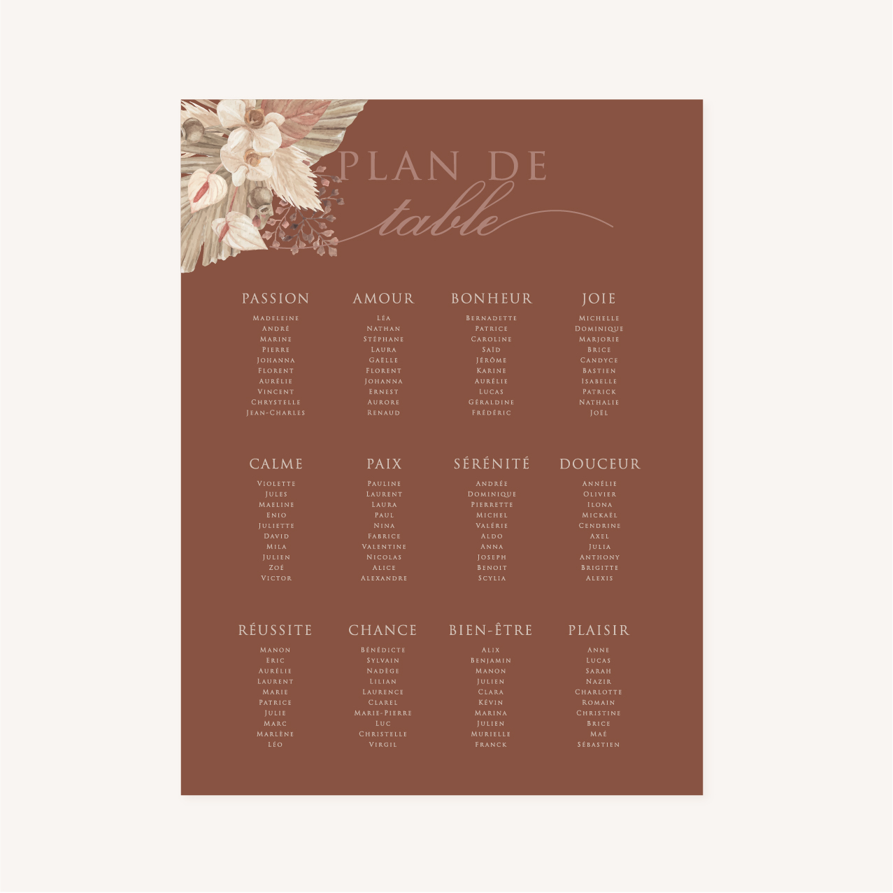 Plan de table pampa bohème boho boho chic Fleurs séchées floral mariage ocre terracotta