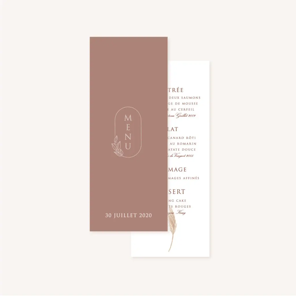 Menu individuel pampa bohème boho boho chic Fleurs séchées floral mariage ocre terracotta