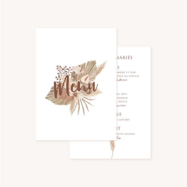 Menu pampa bohème boho boho chic Fleurs séchées floral mariage ocre terracotta