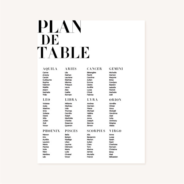 Panneau plan de table black and white noir et blanc moderne lettering innovant graphique
