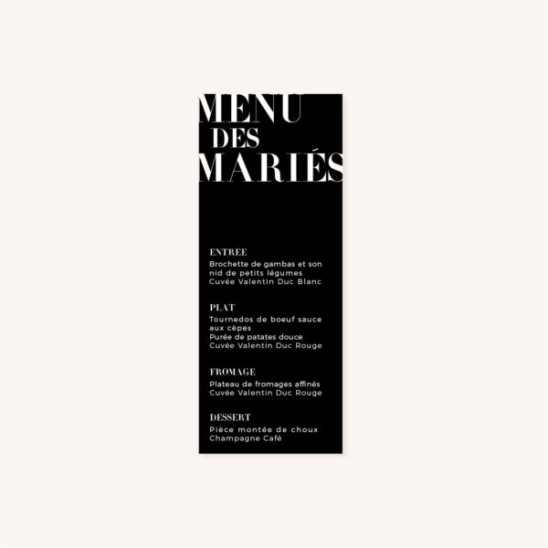 Menu individuel black and white noir et blanc moderne lettering innovant graphique