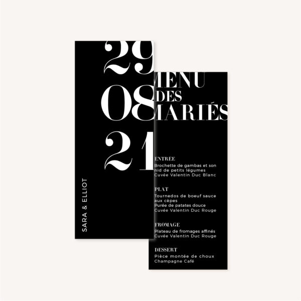 Menu individuel black and white noir et blanc moderne lettering innovant graphique