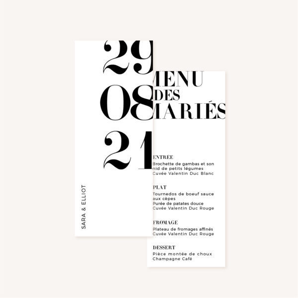 Menu individuel black and white noir et blanc moderne lettering innovant graphique